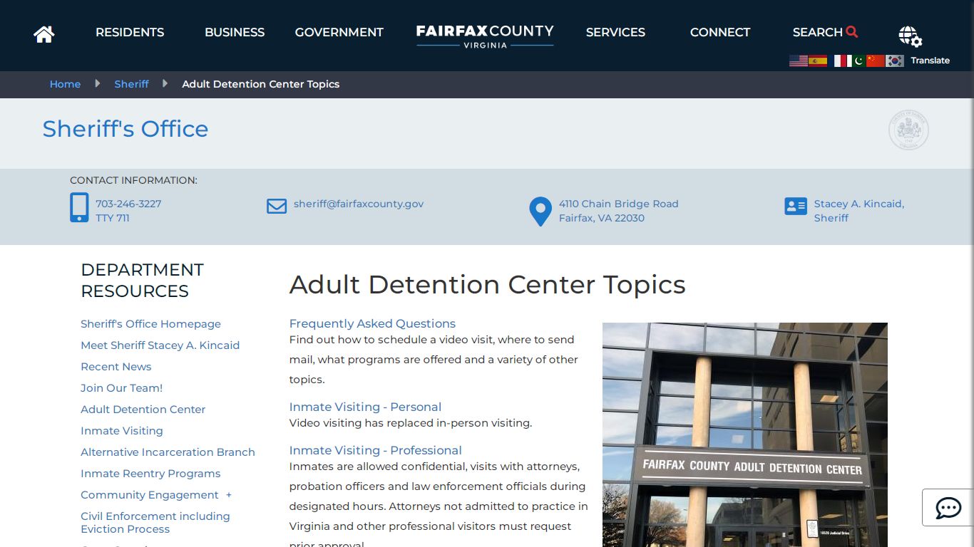 Adult Detention Center Topics | Sheriff - Fairfax County, Virginia